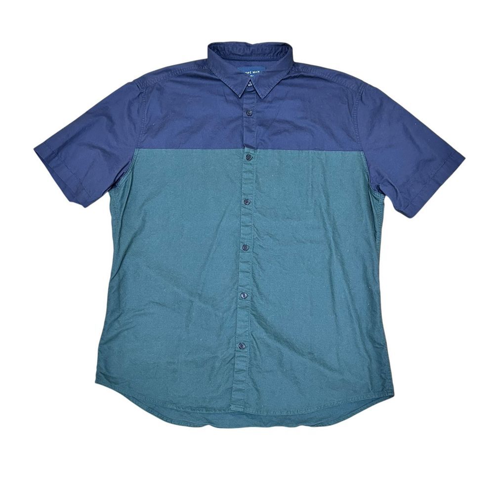Rope Man Men's Short Sleeve Button Up Shirt Colorblock Blue Green FITS LARGE‎